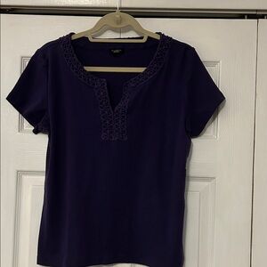 Liz Claiborne Deep Purple Short Sleeve Top with Crochet Trim